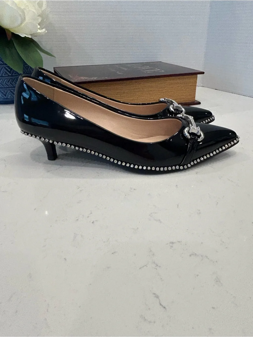 Pointed Patent Leather Flats with Silver Chain Detail - Black